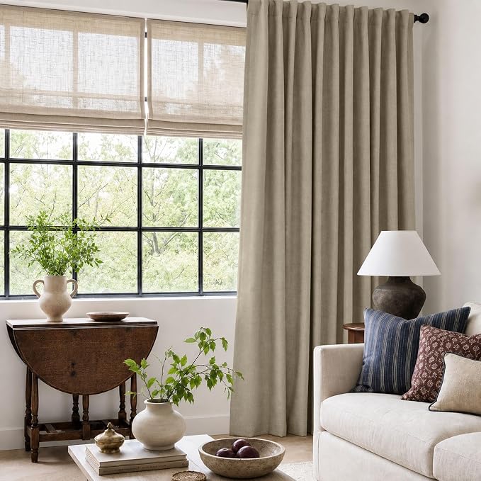 Faux Linen Total Blackout Sliding Door Curtains 90 Inches Long, Plaza Taupe | - Image 6