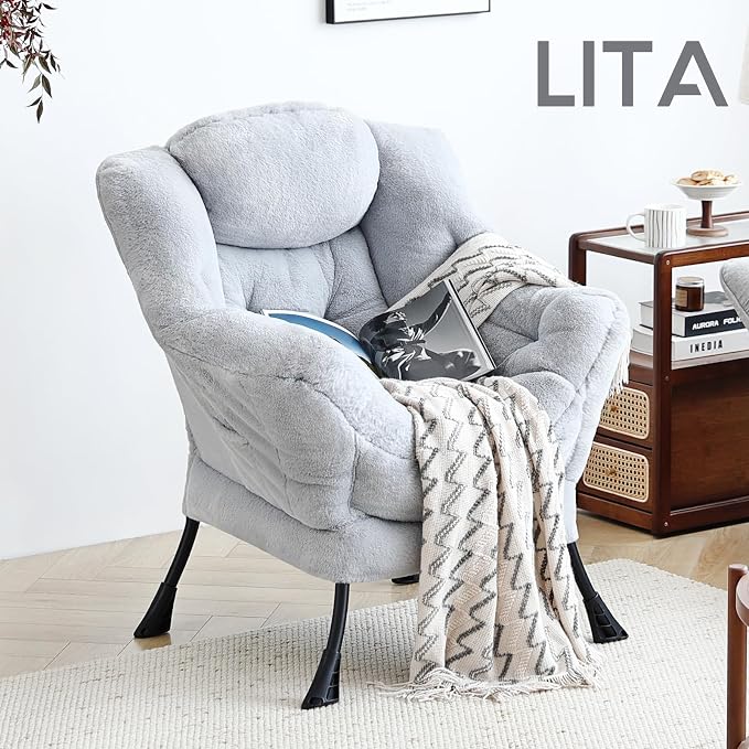 Lazy Chair with Ottoman, Comfy Accent Reading Chair, Plush Grey | Foldable - Image 6
