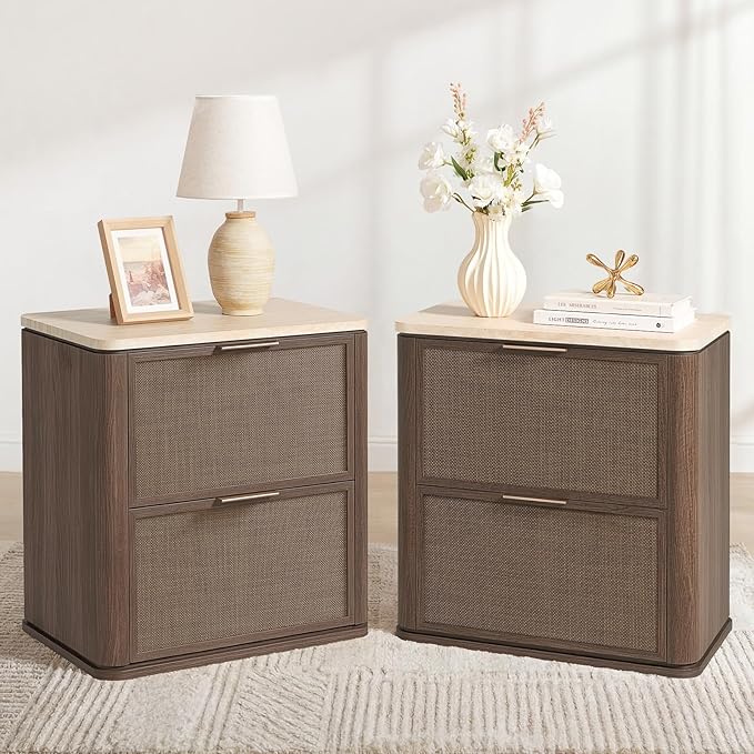 Night Stand Set of 2, 23.11" W Rattan Nightstand by LogMith