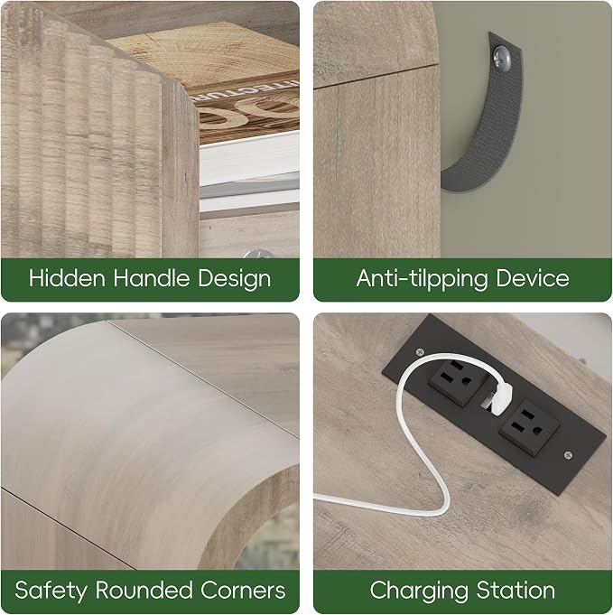 Grey Nightstand with Charging Station, Mid Century Modern Bedside Table & End - Image 7