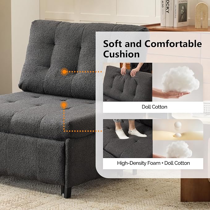 VINGLI Convertible Sofa Bed Tufted Teddy Fleece Sleeper Chair Bed Couch Armless - Image 7