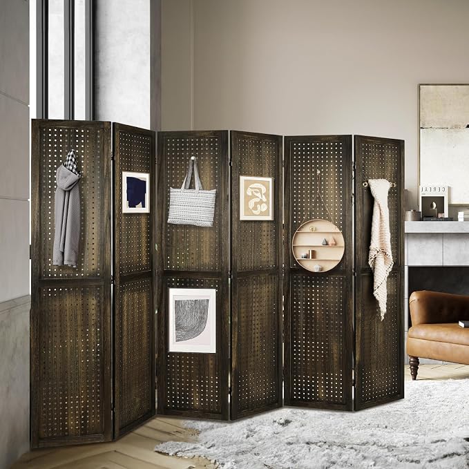 6 Panel Pegboard Room Divider | Brown Wood Folding Privacy Screen - Image 9