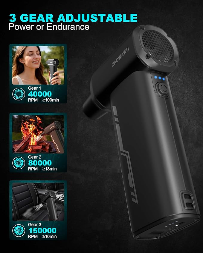 ZAOWAWU Electric Air Duster - 150000RPM Keyboard Duster for PC Cleaning, Cordless Compressed Air Duster Replaces Canned Air, 3-Gear Rechargeable Electronics Cleaner for Laptop, Car, Home & Office