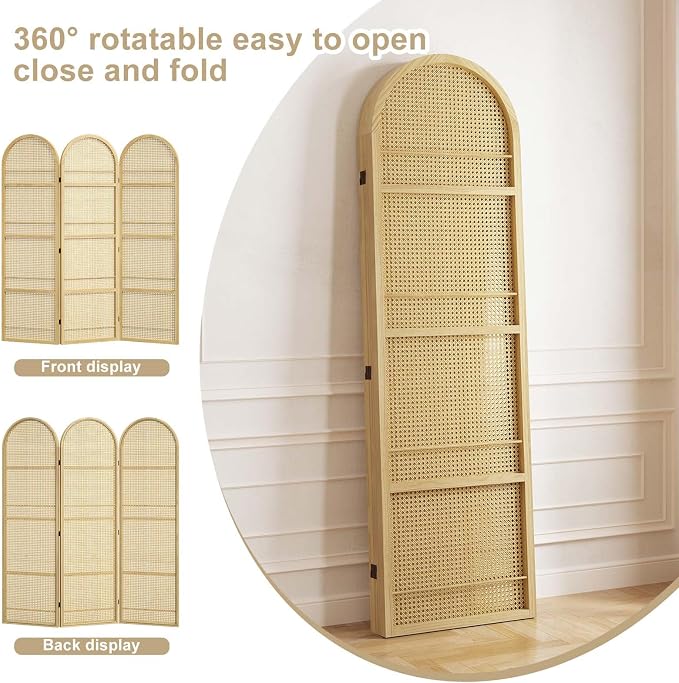 Rattan Room Divider with Built-in Bookshelf | Foldable Privacy Screen & - Image 4