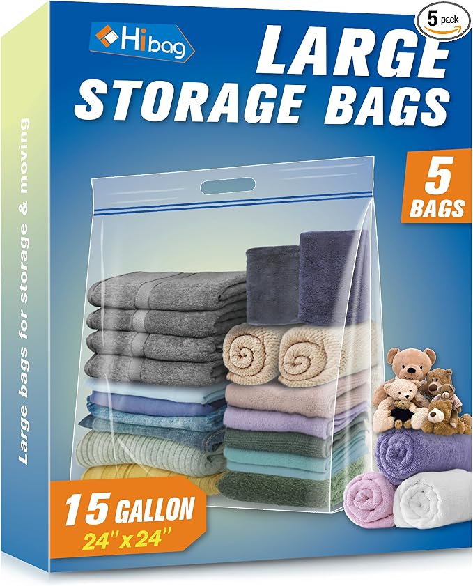 HIBAG 15 Gallon Large Storage Bags, 24” x 24” Resealable Clear Bags by HIBAG