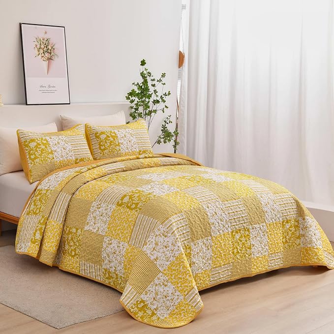 Mybedsoul Yellow Boho Quilt Set Queen Size, 3 Pieces Plaid Floral Bedspread - Image 2