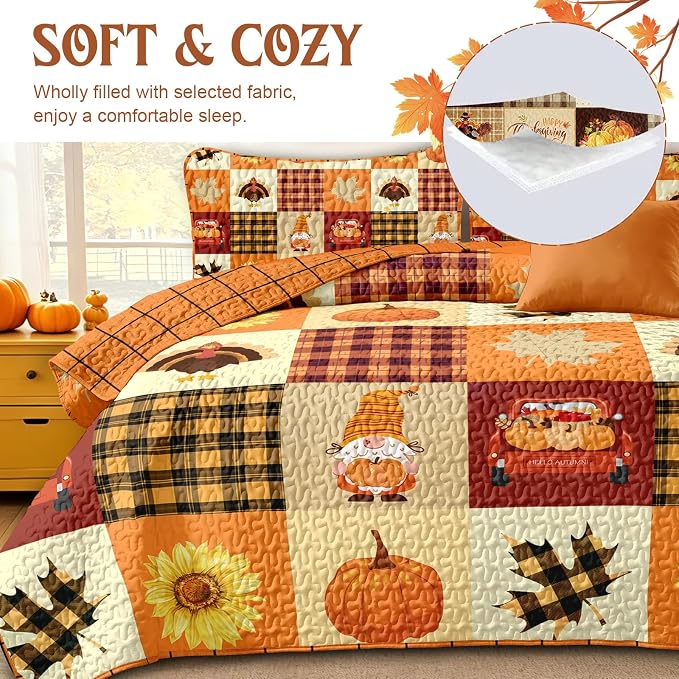 Fall Patchwork Quilt Set Queen Size 3 Piece Thanksgiving Bedding Set Orange | - Image 6
