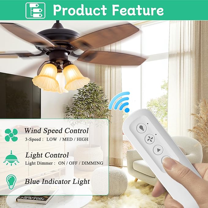 Prichor 99770 Ceiling Fan Remote Control (Remote ONLY) for Hunter 99770 99392 99813, Universal Remote with 3 Speeds & Light Dimmer