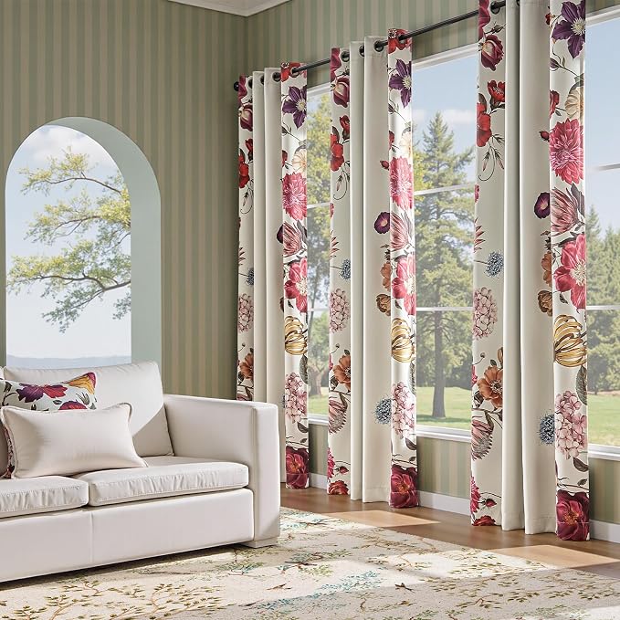 jinchan Beige Floral Blackout Curtains 84 Inch Vintage Grommet 2 Panels | Room - Image 6