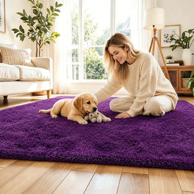 Area Rugs 9x12 Living Room, Grape Purple Large Shaggy Plush Carpet | Soft Furry - Image 6