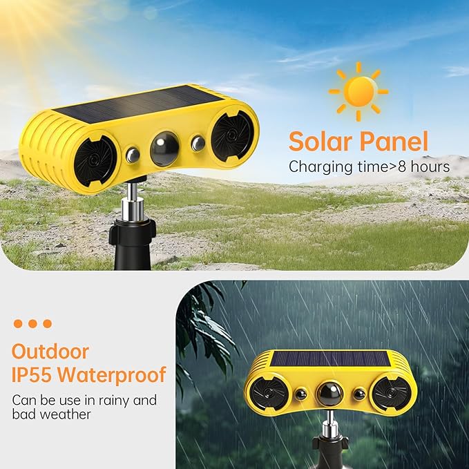 Solar Motion Sensor Alarm Outdoor,Motion Sensor Alarm,13 Sound,Dog Barking&Gunshot,2x130db Loud Noise Maker,4 Modes,Red&Blue Motion Activated Strobe Light,Say Goodbye to The Intruders,for Garden,Yard
