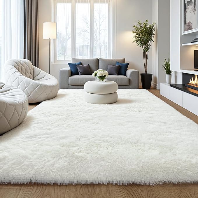 Cream White Fluffy 8x10 Large Area Rug, Soft Washable Shag Carpet | Cute plush by KICHOWUA