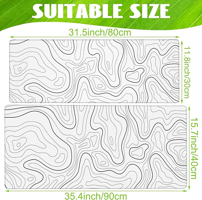 Eflxamz Desk Mat,White Topographic Contour Map Desk Pad,Topographic Contour Large Gaming Mouse Pad for Desk,Extended Big Computer Keyboard Mouse Pad with Non-Slip Base and Stitched Edge,35.4"x15.7"