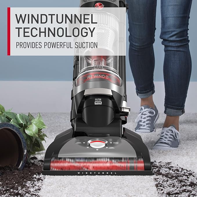 Hoover WindTunnel Whole House Rewind Bagless Vacuum Cleaner, Corded Upright Vac, HEPA Media Filtration, Automatic Cord Rewind, Corded Vacuum Cleaners for Home Use