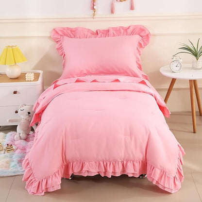 Wowelife Toddler Bedding Set for Girls 4 Piece Ruffle Boho Tufted Fringe Pink Toddler Bed Comforter Sets Jacquard Bed Set Bed in a Bag with Comforter, Flat Sheet, Fitted Sheet, Pillowcase
