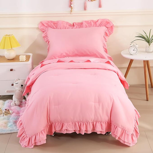 Wowelife Toddler Bedding Set for Girls 4 Piece Ruffle Boho Tufted Fringe Pink Toddler Bed Comforter Sets Jacquard Bed Set Bed in a Bag with Comforter, Flat Sheet, Fitted Sheet, Pillowcase