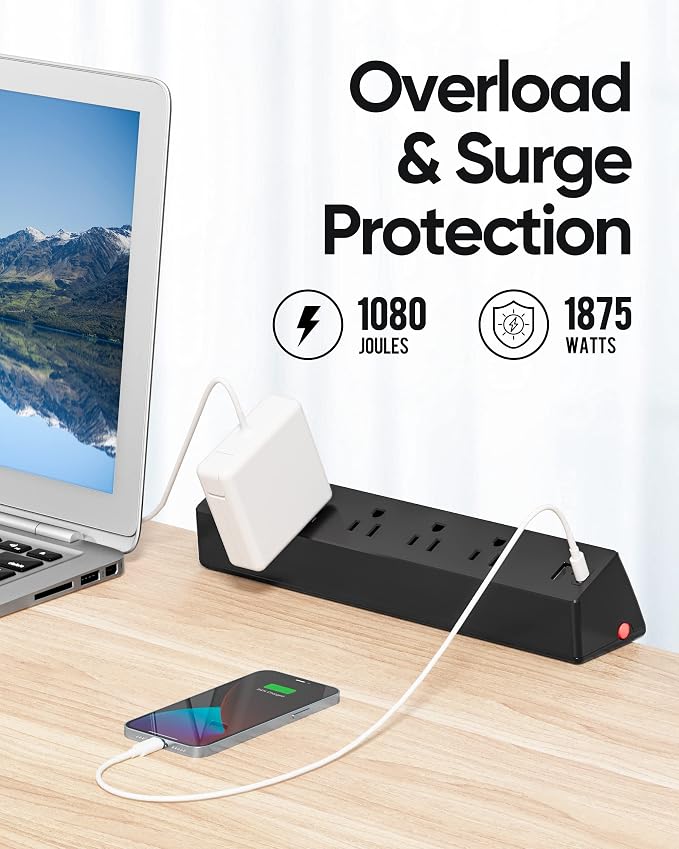Desk Clamp Power Strip, 4 AC Outlets 4 USB Ports, Fit 1.7'' Tabletop Edge | PD - Image 3