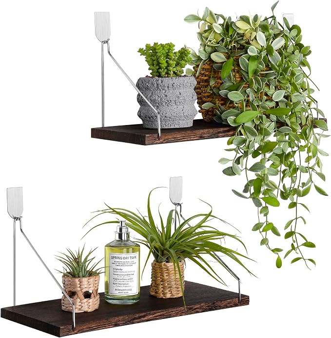 Floating Wall Shelves, Rustic Wood Wall Mounted Shelf Set of 2 | No Drill by MITIME