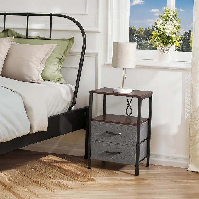 Huuger Nightstand with Charging Station, Side Table with Fabric Drawers | End - Image 2