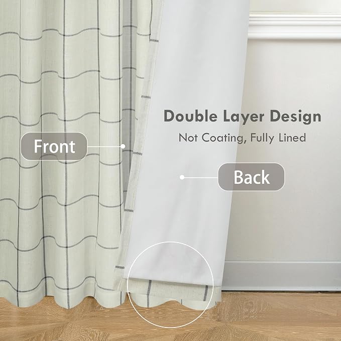 DriftAway 100% Blackout Windowpane Plaid Linen Curtains 54 Inches Black | - Image 3