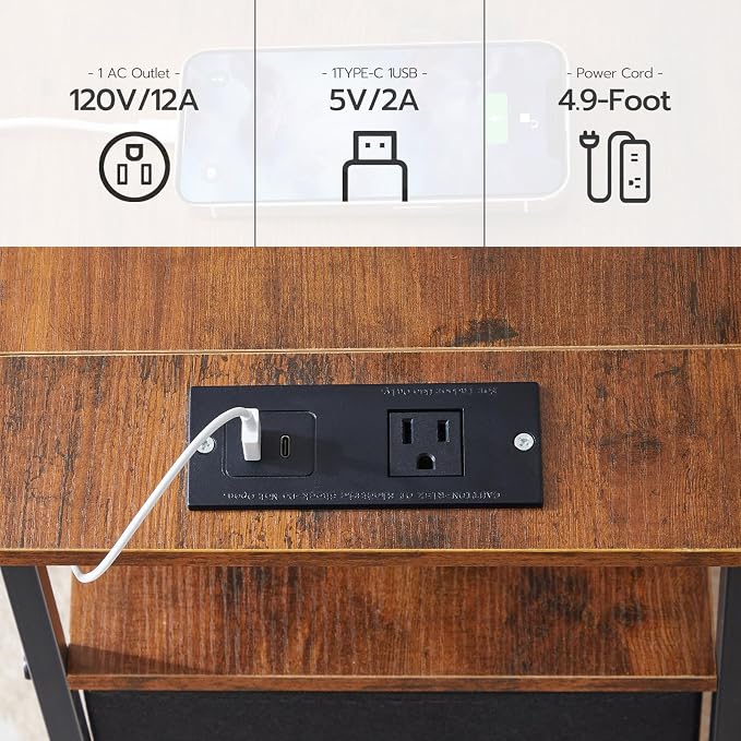 HOOBRO End Table with Charging Station, Narrow Side Table with 2 Fabric Drawers - Image 5
