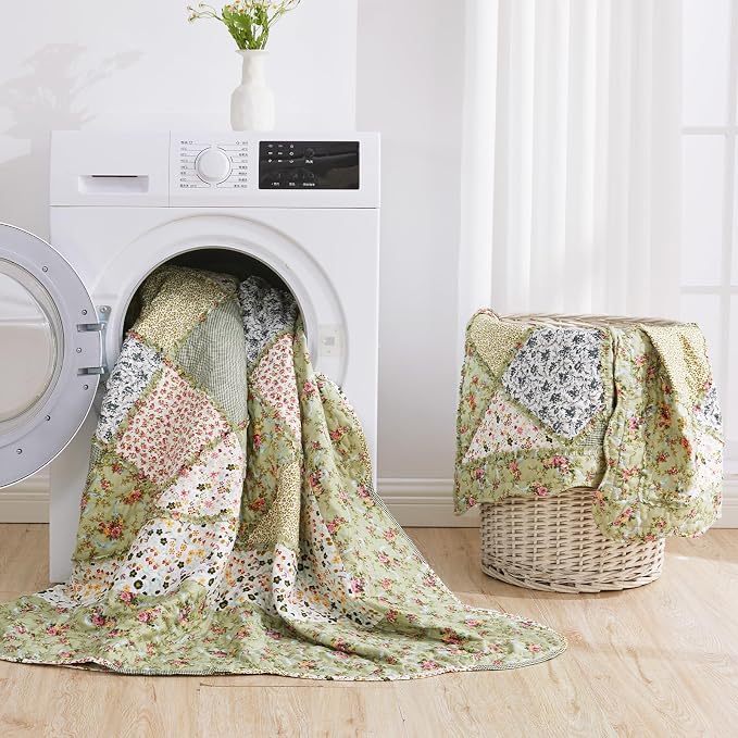 King Size Quilt Set Green Floral Patchwork Quilted Bedspreads Coverlet Set | - Image 8
