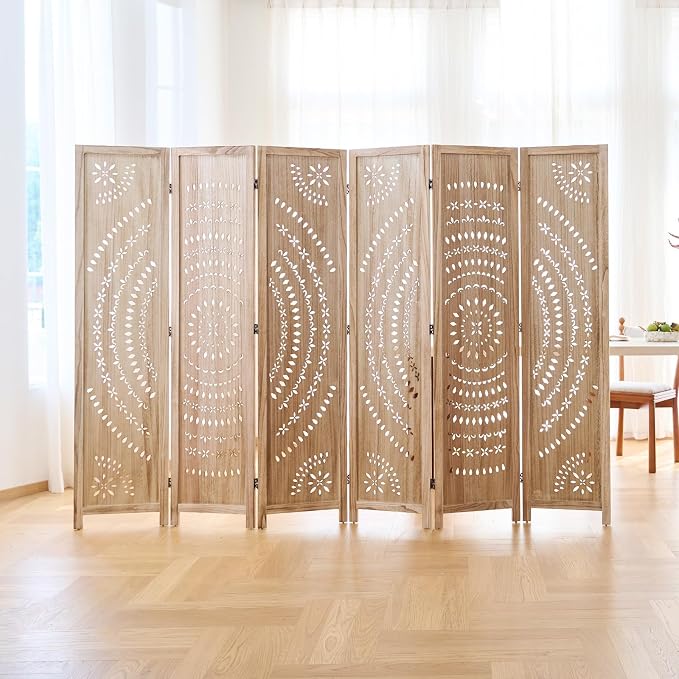66.9Inch Folding Room Divider, 6 Panels Wood Carved Privacy Screens, Free - Image 2