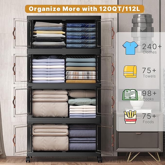 Extra Large Stackable Storage Bins with Lids & Wheels, Foldable Plastic Storage Bins (Dark, 440QT-55QT/30GAL*8Pack)