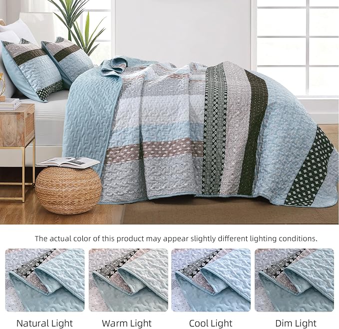 WONGS BEDDING Boho Quilt Queen Size, Patchwork Bedding Set, 3 Pieces Plaid - Image 4