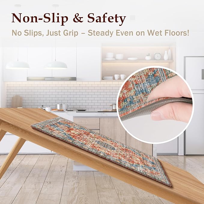 Boho Kitchen Mats for Floor 2 Piece Set Anti Fatigue Cushioned PVC Kitchen Rugs Non Slip Waterproof Farmhouse Mats 2/5 Inch Comfort Standing Mat for Sink, Laundry, 17.3"x47"+17.3"x28", Retro Red