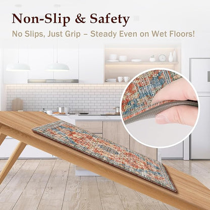 Boho Kitchen Mats for Floor 2 Piece Set Anti Fatigue Cushioned PVC Kitchen Rugs Non Slip Waterproof Farmhouse Mats 2/5 Inch Comfort Standing Mat for Sink, Laundry, 17.3"x47"+17.3"x28", Retro Red