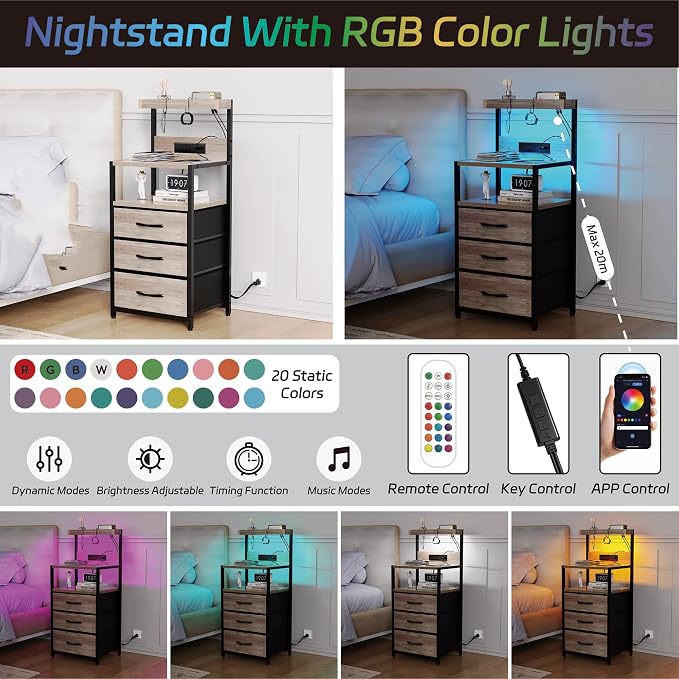 SZLHANJZ LED Night Stand with Charger Station, 3 Fabric Drawers, Greige | - Image 6