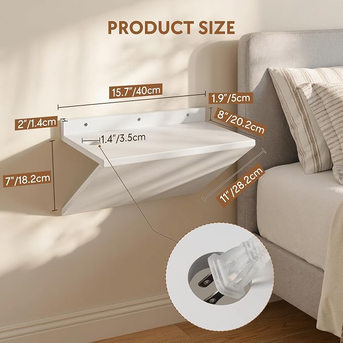 Floating Nightstand Set of 2 White Wood Bedside Table Wall Mounted | Z-Shape - Image 2