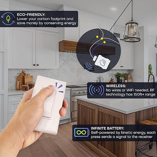 RunLessWire Single Pole Battery-Free DIY Wireless Light Switch Kit 150ft RF Range Self-Powered by Kinetic Energy for Fixtures & Outlets : 1 Remote Switch Controls 1 5A On/Off Receiver – Brown