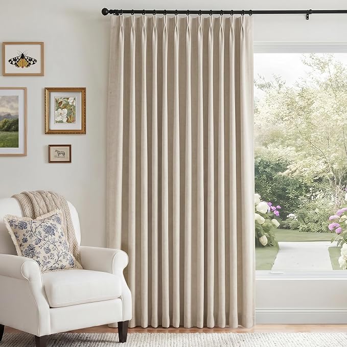Pinch Pleated Full Blackout Faux Linen Curtains 84 Inches Long | Oatmeal by 100BlackoutShield