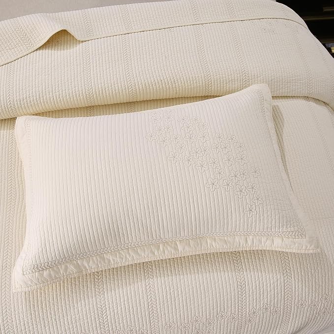 ROOMLIFE Quilt Set King Size 3D Floral Embroidery Pattern 3-Piece Cotton - Image 4