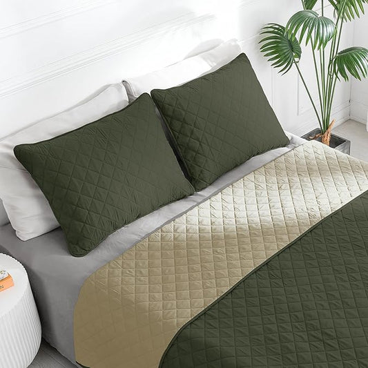 Easy-Going Twin Size Reversible Quilt Set with 1 Quilt and 1 Pillow Sham, Soft Bed Quilt Cover, Water Resistant Lightweight Microfiber Bedspread, Stain Resistant, Army Green/Beige