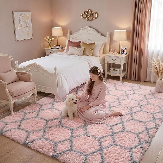 Area Rugs for Girls Bedroom Living Room, 4x6 Fluffy Pink and Grey Throw Rug - Image 6