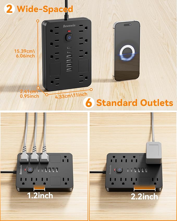 Bawmwim Surge Protector Power Strip - 8 Outlets(1850W/15A) with 6 USB Ports（2 USB C, 10FT Flat Plug Extension Cord, Wall Mount Multi Plug Outlet Extender, ETL Listed for Home, Dorm Room, Black