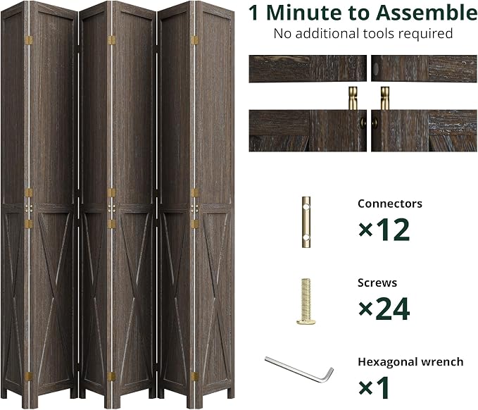 6 Panel Folding Room Divider, Solid Wood Privacy Screen, Freestanding Partition - Image 4