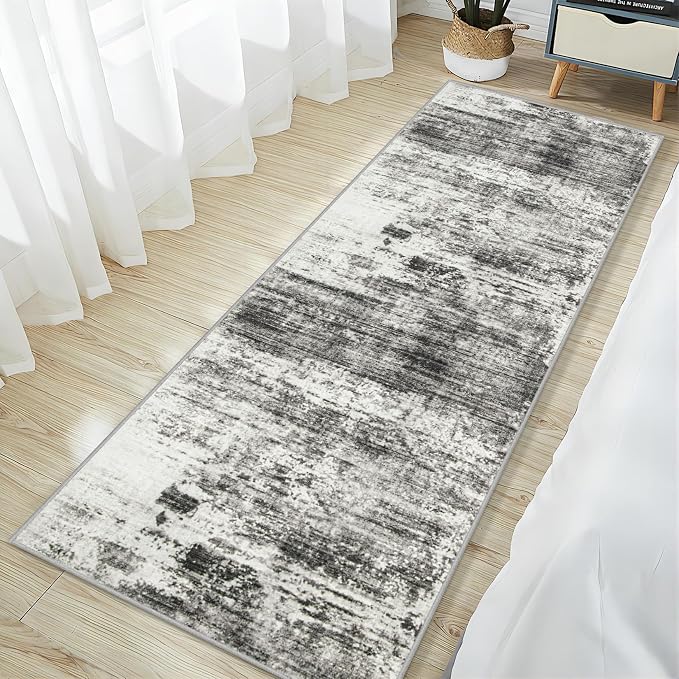 2'6''x8' Runner Rugs Washable Rug:Modern Abstract Hallway Black Grey Carpet | - Image 3