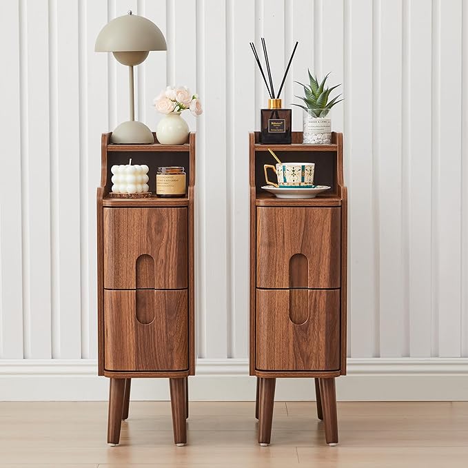 Narrow Nightstand Set of 2, Wood 2 Drawer Small Nightstand, Slim Side Table by FurSchFurniture