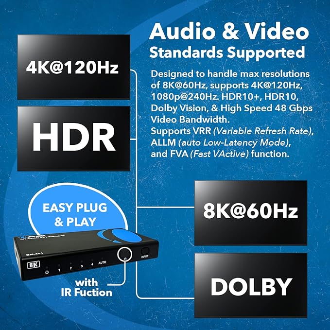 OREI 8K 4x1 HDMI 2.1 Switch 4K @ 120hz Switcher 4 in 1 Out, Support HDR, HDR10, Dolby Vision, HLG 48Gbps for Xbox Series X PS5 Roku Fire TV Monitor Projector Dolby