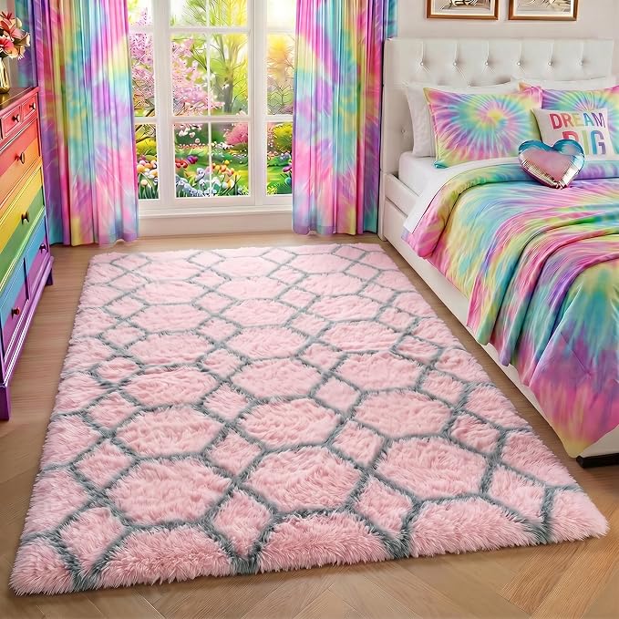 5x7 Area Rugs for Living Room Bedroom, Fluffy Pink and Grey Throw Rug, - Image 7