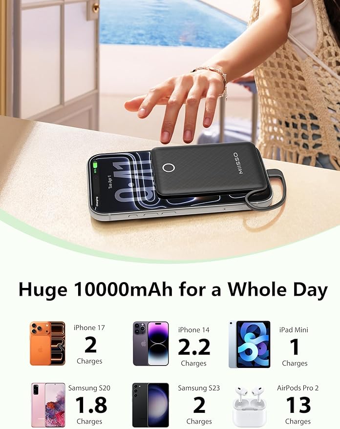 miisso 10000mAh Mini Portable Charger with Built in Cable, Pocket Size Power Bank Travel External Battery Pack for Phone, 3 Output USB Type C Cord Clutch Compatible with iPhone, Samsung, Black