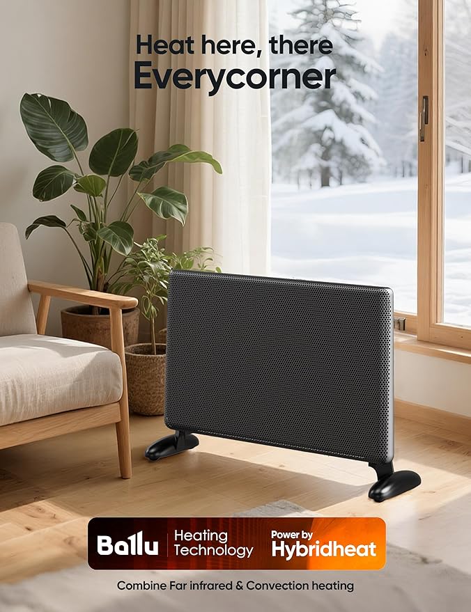 Ballu Mica Infrared Space Heater Large Room,Panel Heater with Programmable Thermostat,WiFi App Control,Portable Stand or Wall Mount, Energy Efficient Smart Quiet Heater,Work with Alexa,Black