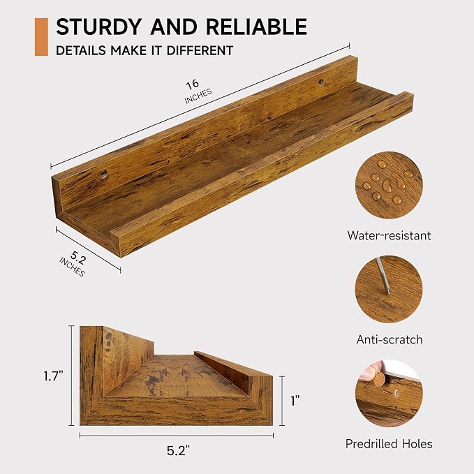 Floating Picture Ledge Shelves Set of 2, 16 Inch Solid Wood Wall Shelves - Image 3