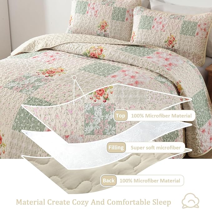 Mybedsoul Beige Patchwork King Size Quilt, Soft Boho Floral King Bedspreads - Image 3