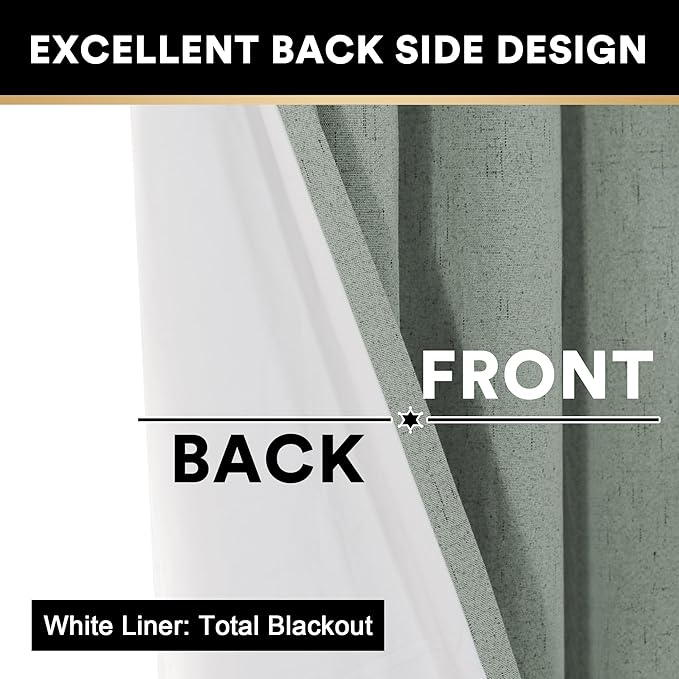 PrinceDeco Linen 100% Blackout Curtains 84 Inches Length 2 Panels Set Grommet Curtains for Living Room Bedroom Thermal Insulated and Room Darkening Linen Curtains with White Liner,Green Bay,W42 X L84