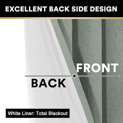 PrinceDeco Linen 100% Blackout Curtains 84 Inches Length 2 Panels Set Grommet Curtains for Living Room Bedroom Thermal Insulated and Room Darkening Linen Curtains with White Liner,Green Bay,W42 X L84